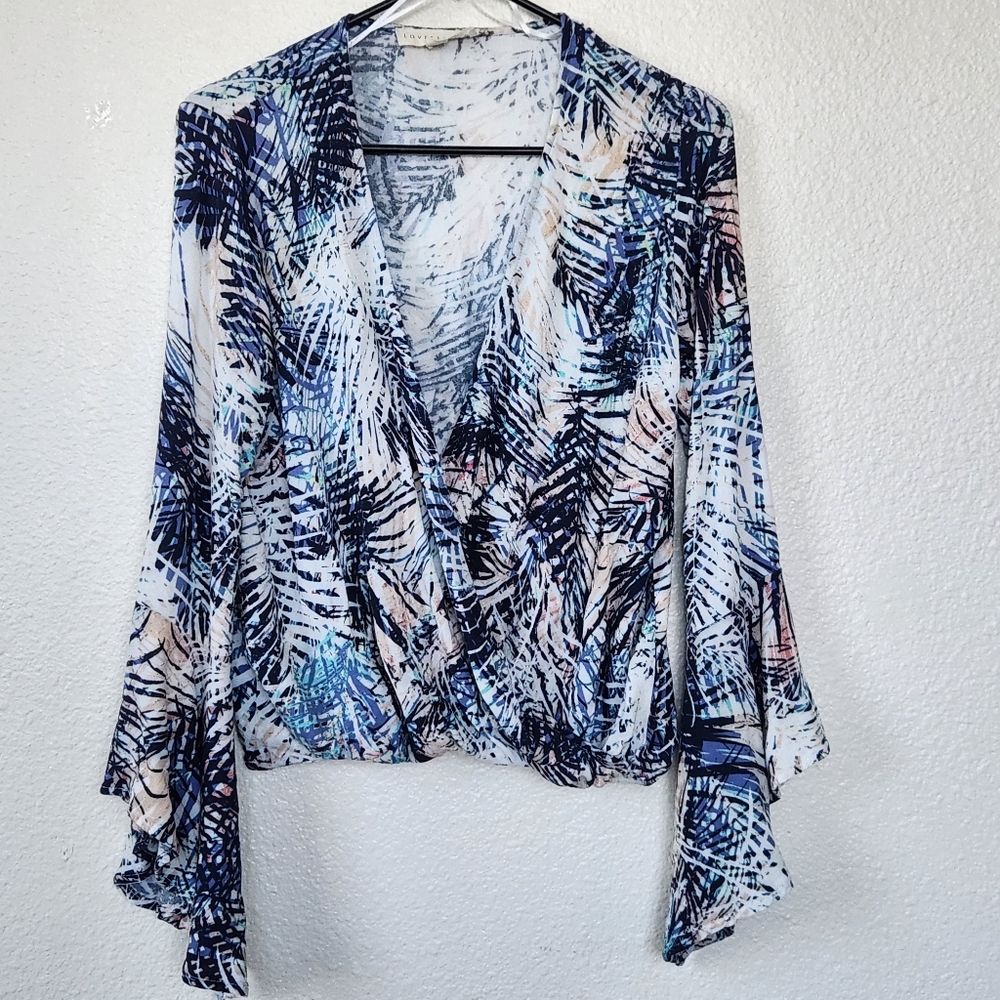 Lovestitch Surplice Top Crossover Palm Design Flounce Sleeves Size S Blue